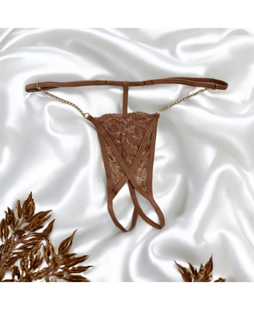 String en dentelle taupe ouvert avec chaînes dorées 